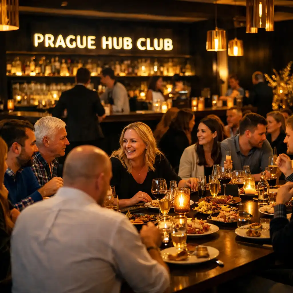Večerní atmosféra společenské akce v Prague Hub Club