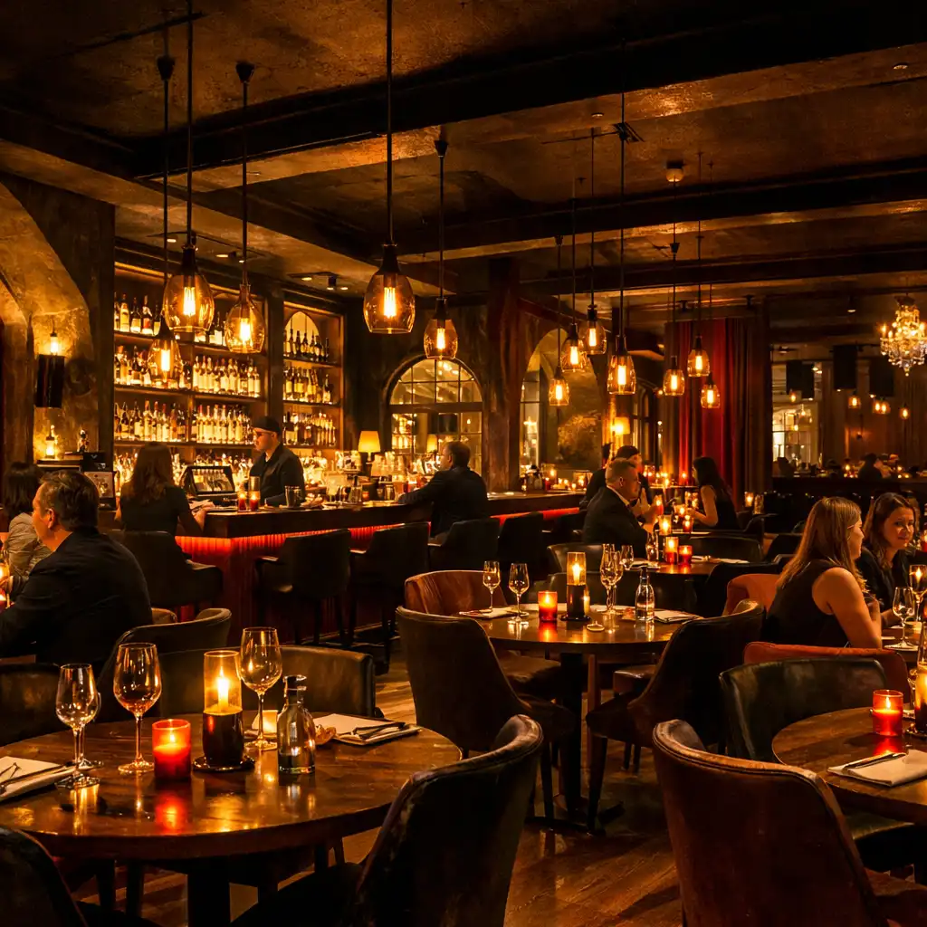 Atmosférický interiér Prague Hub Club s intimním osvětlením a společným stolem