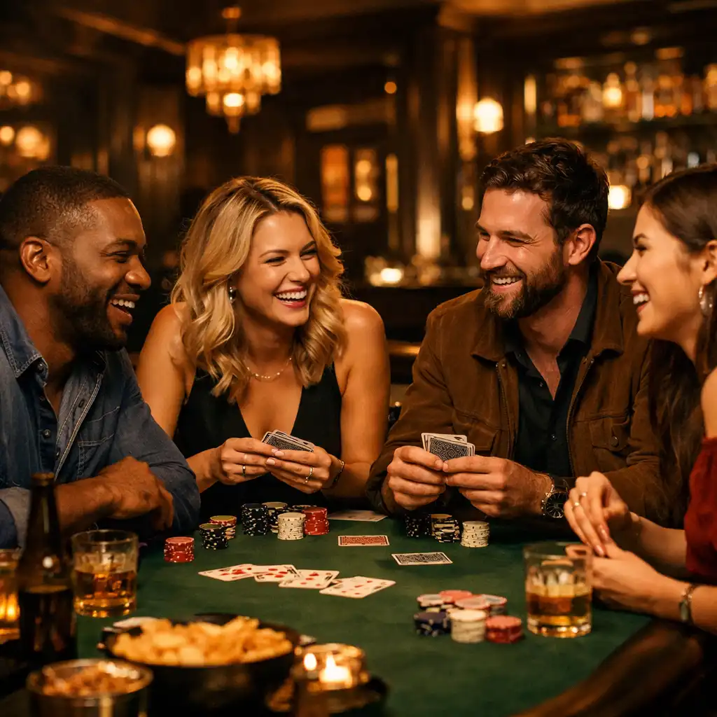 Skupina přátel u pokerového stolu v Prague Hub Clubu