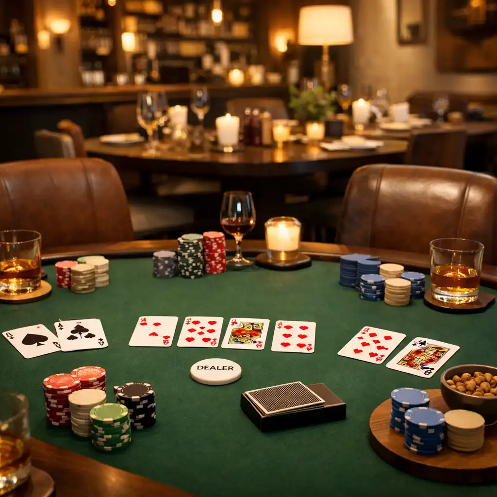 Stůl připravený na offline pokerový večer v Prague Hub Clubu