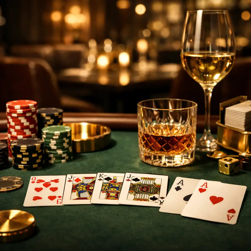 Detail pokerového stolu se žetony a kartami v teplém světle
