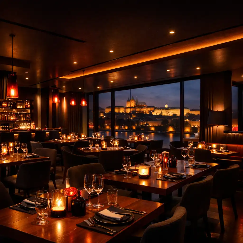 Atmosférický interiér restaurace Prague Hub Club se společným stolem