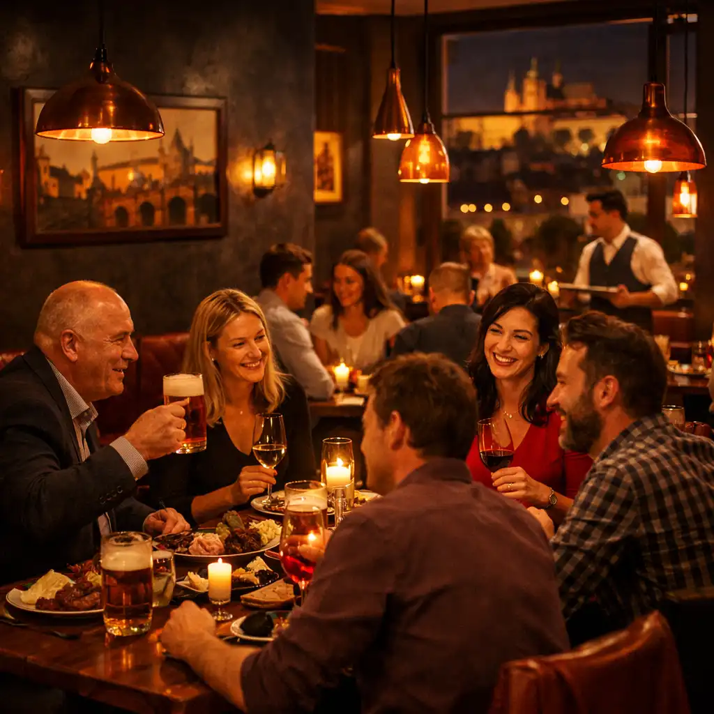 Večerní atmosféra restaurace Prague Hub Club s hřejivým světlem